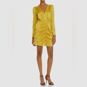 WAYF Yellow Gold Snake Print Long Sleeve Mini Dress Ruched Low Cut Large New